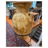 Large Antique Terracotta Amphora with Metal Stand - rug not included
