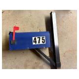 Used Blue Mailbox with Mounting Pole and Red Flag
