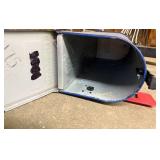 Used Blue Mailbox with Mounting Pole and Red Flag