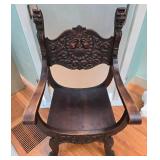 Antique Hand-Carved Wooden Armchair with Face Motif