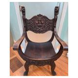 Antique Hand-Carved Wooden Armchair with Face Motif