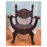 Antique Hand-Carved Wooden Armchair with Face Motif