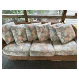Used Rattan and Fabric Sofa with Cushions