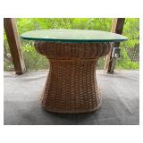 Woven Wicker Side Table with Glass Top