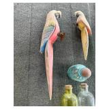 Vintage Carved Wooden Parrots and Antique Glass Bottles Set