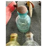 Vintage Carved Wooden Parrots and Antique Glass Bottles Set