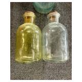 Vintage Carved Wooden Parrots and Antique Glass Bottles Set