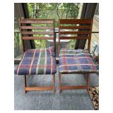 Pair of Wooden Folding Chairs with Plaid Cushions