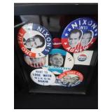 COLLECTABLE POLITICAL BUTTONS IN SHADOW BOXS