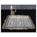 SILVER PLATE / VINTAGE IRVINWARE SERVER WITH 3 GLASS TRAYS / GERMAN STEIN