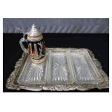 SILVER PLATE / VINTAGE IRVINWARE SERVER WITH 3 GLASS TRAYS / GERMAN STEIN