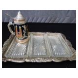 SILVER PLATE / VINTAGE IRVINWARE SERVER WITH 3 GLASS TRAYS / GERMAN STEIN