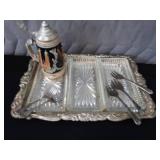 SILVER PLATE / VINTAGE IRVINWARE SERVER WITH 3 GLASS TRAYS / GERMAN STEIN