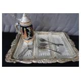 SILVER PLATE / VINTAGE IRVINWARE SERVER WITH 3 GLASS TRAYS / GERMAN STEIN