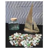 VINTAGE BRASS SAIL BOAT / SEA GLASS