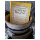 BLUE BAND STONEWARE CROCK / PLUS 1952 NATIONAL GEO MAGS