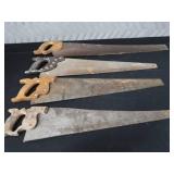 4 VINTAGE WOOD HAND SAWS
