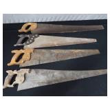 4 VINTAGE WOOD HAND SAWS