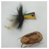 Vintage Lures: wooden Fly Fishing Popper and wooden mouse