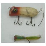 2 Vintage Fishing Lures; Wooden Fly Popper & Shakespeare Swimming Mouse