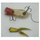2 Vintage Fishing Lures; Wooden Fly Popper & Shakespeare Swimming Mouse