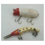 2ct Vintage Fishing Lures: Red & White Wooden Mouse