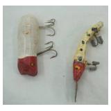 2ct Vintage Fishing Lures: Red & White Wooden Mouse