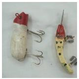 2ct Vintage Fishing Lures: Red & White Wooden Mouse