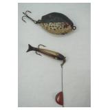 2ct Vintage Fishing Lures: P&K Gold Scale Whirl Away & Wooden Lure