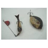2ct Vintage Fishing Lures: P&K Gold Scale Whirl Away & Wooden Lure