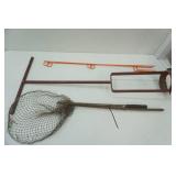Vintage Ice Auger, Vintage Fishing Net, and Rod Holders