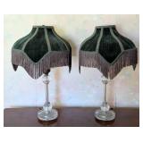 Pair of Green Velvet and Fringe Table Lamps