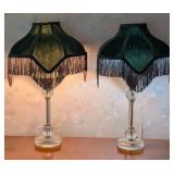 Pair of Green Velvet and Fringe Table Lamps