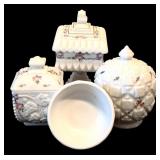 Four Pieces of Vintage Westmoreland Old Quilt Pattern Milk Glass including a Vintage West Moreland Milk Glass Covered Candy Dish