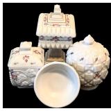 Four Pieces of Vintage Westmoreland Old Quilt Pattern Milk Glass including a Vintage West Moreland Milk Glass Covered Candy Dish