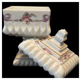 Four Pieces of Vintage Westmoreland Old Quilt Pattern Milk Glass including a Vintage West Moreland Milk Glass Covered Candy Dish