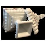 Four Pieces of Vintage Westmoreland Old Quilt Pattern Milk Glass including a Vintage West Moreland Milk Glass Covered Candy Dish