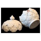 Four Pieces of Vintage Westmoreland Old Quilt Pattern Milk Glass including a Vintage West Moreland Milk Glass Covered Candy Dish
