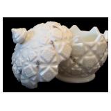 Four Pieces of Vintage Westmoreland Old Quilt Pattern Milk Glass including a Vintage West Moreland Milk Glass Covered Candy Dish