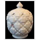 Four Pieces of Vintage Westmoreland Old Quilt Pattern Milk Glass including a Vintage West Moreland Milk Glass Covered Candy Dish