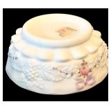 Four Pieces of Vintage Westmoreland Old Quilt Pattern Milk Glass including a Vintage West Moreland Milk Glass Covered Candy Dish