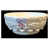 Four Pieces of Vintage Westmoreland Old Quilt Pattern Milk Glass including a Vintage West Moreland Milk Glass Covered Candy Dish