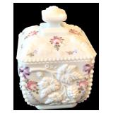 Four Pieces of Vintage Westmoreland Old Quilt Pattern Milk Glass including a Vintage West Moreland Milk Glass Covered Candy Dish