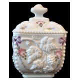 Four Pieces of Vintage Westmoreland Old Quilt Pattern Milk Glass including a Vintage West Moreland Milk Glass Covered Candy Dish