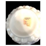 Four Pieces of Vintage Westmoreland Old Quilt Pattern Milk Glass including a Vintage West Moreland Milk Glass Covered Candy Dish