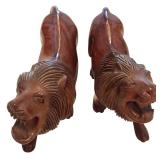Two Vintage Majestic Hand-Carved Wooden Lion Sculptures