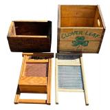 Vintage Wooden Boxes and Two Washboards