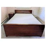 Burled Mahogany Full Size Bed Frame and Matching Nightstand