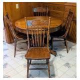 Round Oak Dining Table and Pressed Back Chairs