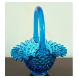 Vintage Fenton Blue Hobnail Glass Basket